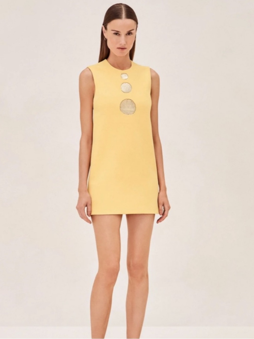 Alexis Sleeveless Mini Dress in Soft Yellow with Circular Accents